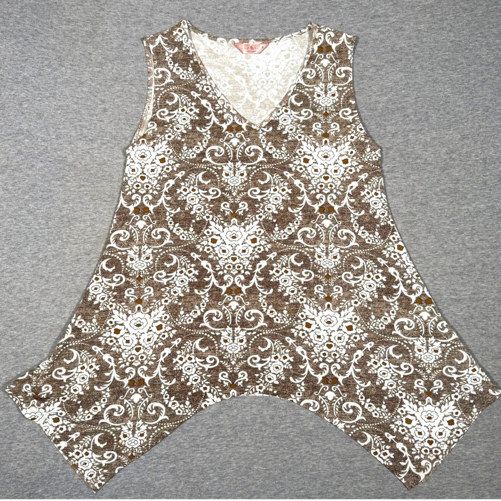 SJS Brown White Damask Paisley Sharkbite Hem V-Neck Tunic Tank Top Womens Medium
